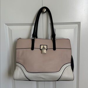 Guess Medium Tote Handbang Faux Leather Multi Pocket Pink White Black 14x11x6"